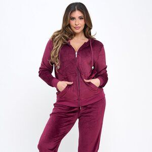 Velour Super Stretch Solid 2-Piece Women Long Sleeve Hoodie Tracksuit - BURGUNDY